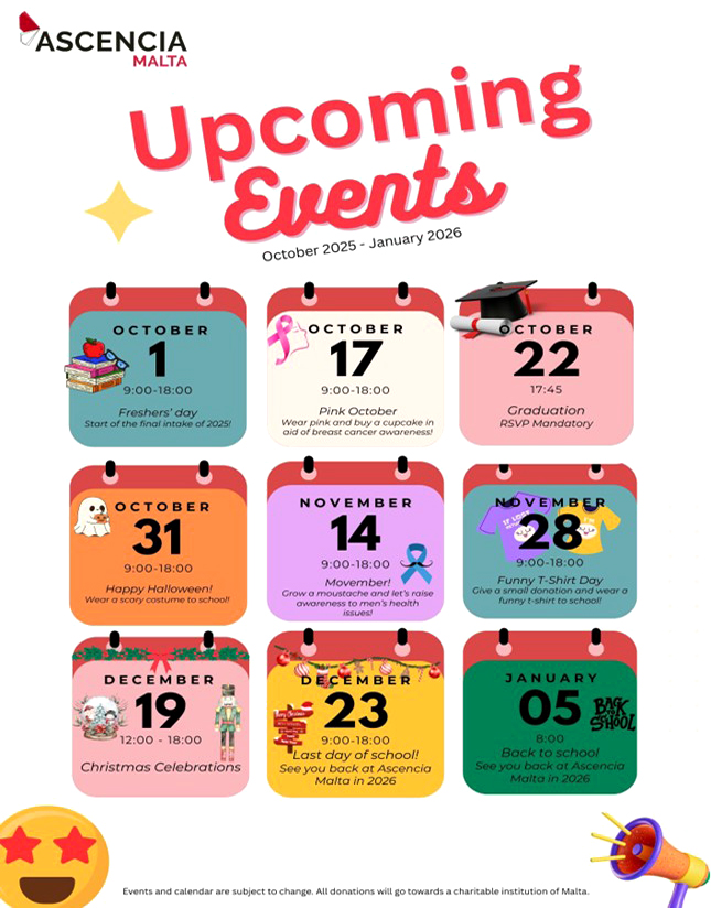 Ascencia Malta upcoming events calendar October 2025 to January 2026 student activities