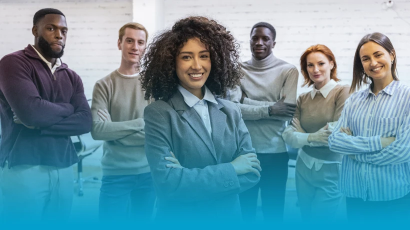 Diverse team led by a confident manager during an English for Specific Purposes (ESP) Leadership and Management course.